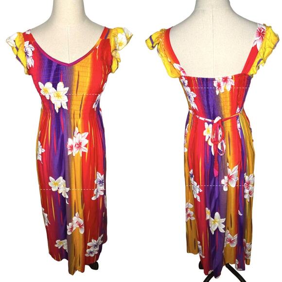 VINTAGE 80s HAWAIIAN Rayon Dress S V-Neck Ruffle Sleeves RAINBOW Red purple 2 4 - Picture 2 of 9